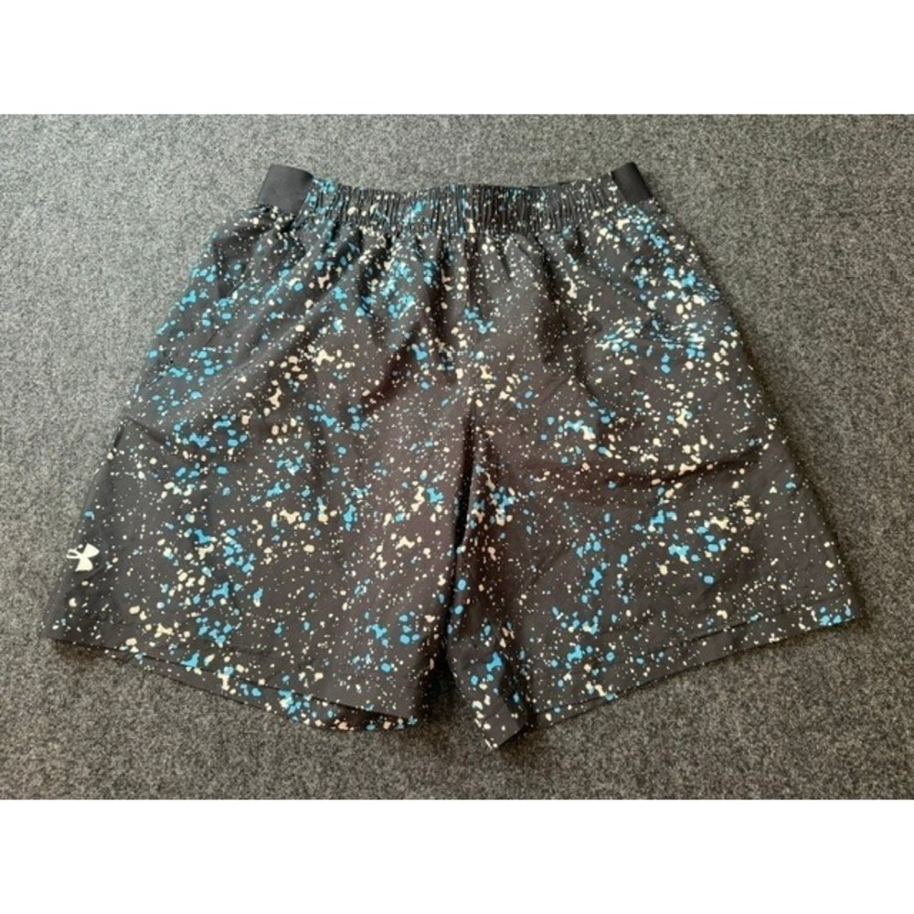 Under Armour Mens Loose Fit Paint Splatter Graphic Athletic Shorts Black Blue LG